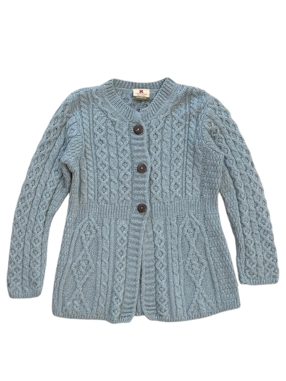 Carraig Donn Merino Wool Irish A-Line Fit Cardigan In Misty Blue
